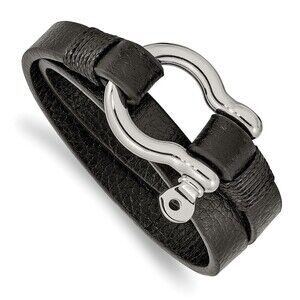 Kazi Luxury Steel Polished Shackle Textured Black Leather 16in Wrap Bracelet